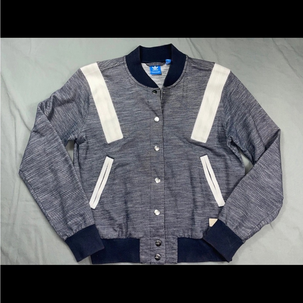 adidas Women's varsity Heather Navy Bomber Jacket with White Stripes